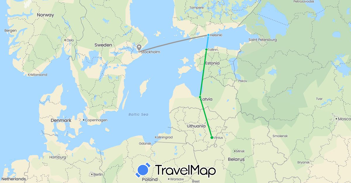 TravelMap itinerary: driving, bus, plane, boat in Estonia, Finland, Lithuania, Latvia, Sweden (Europe)